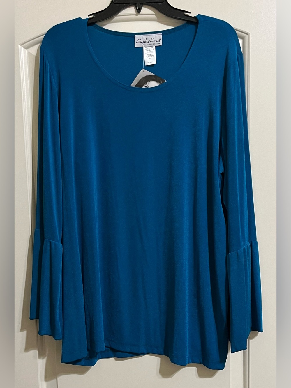 NWT Carolyn Strauss Women’s Turquoise Flared Bell Sleeve Stretch Top Blouse 1X